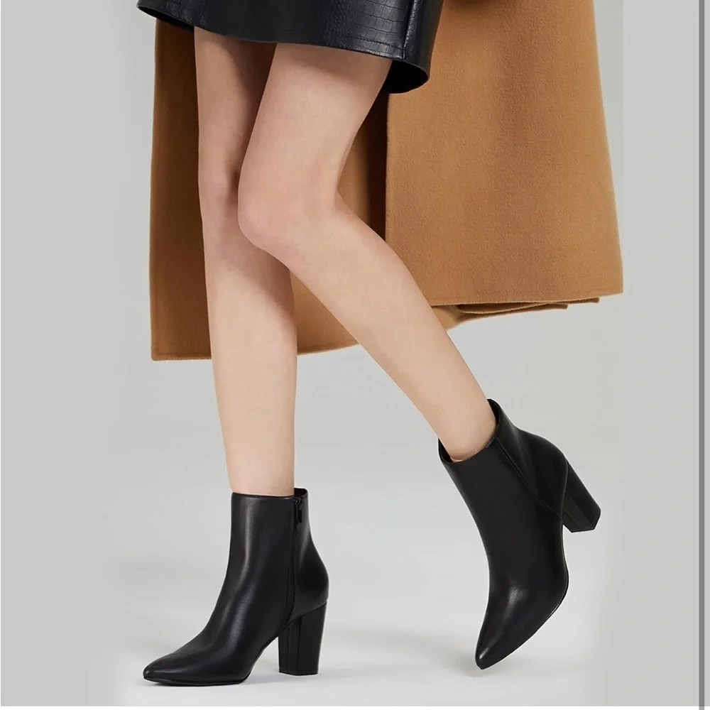 Rollda SUEDI Pointed Toe Ankle Boots Chunky High Heel Ankle Booties Side Zipper